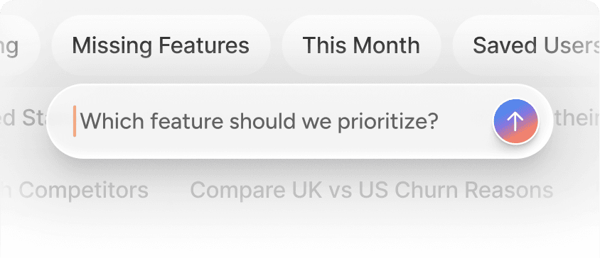 Dashboard tabs for Missing Features, This Month, Saved Users with AI prompt asking Which feature should we prioritize