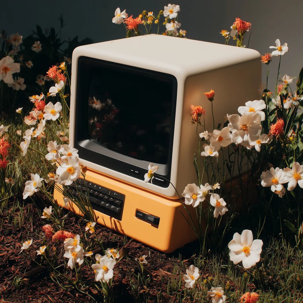 A vintage computer surrounded by flowers