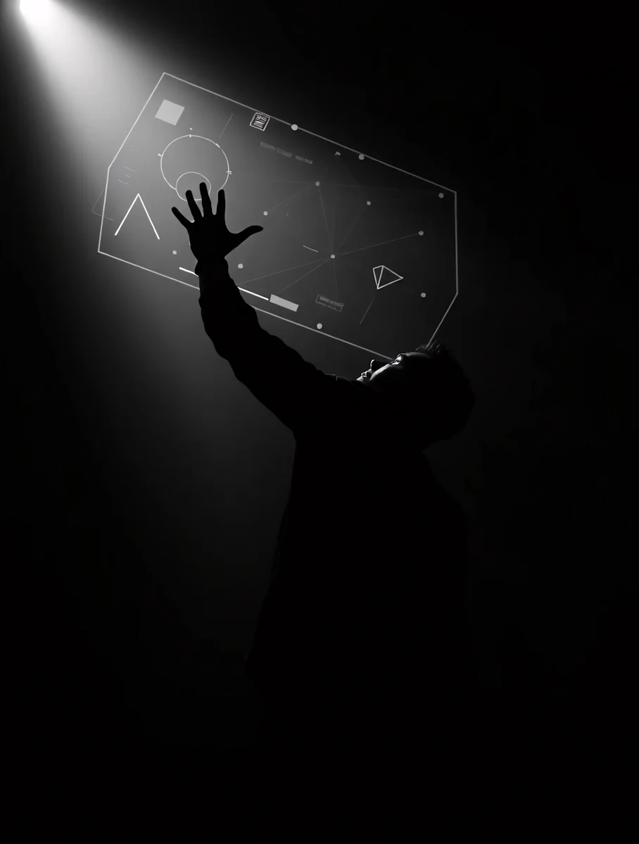 A student interacting with a glowing AI interface