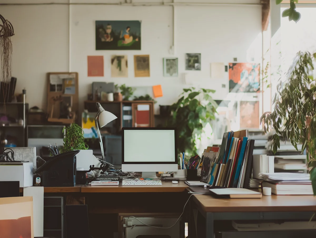 A cozy creative workspace with art supplies