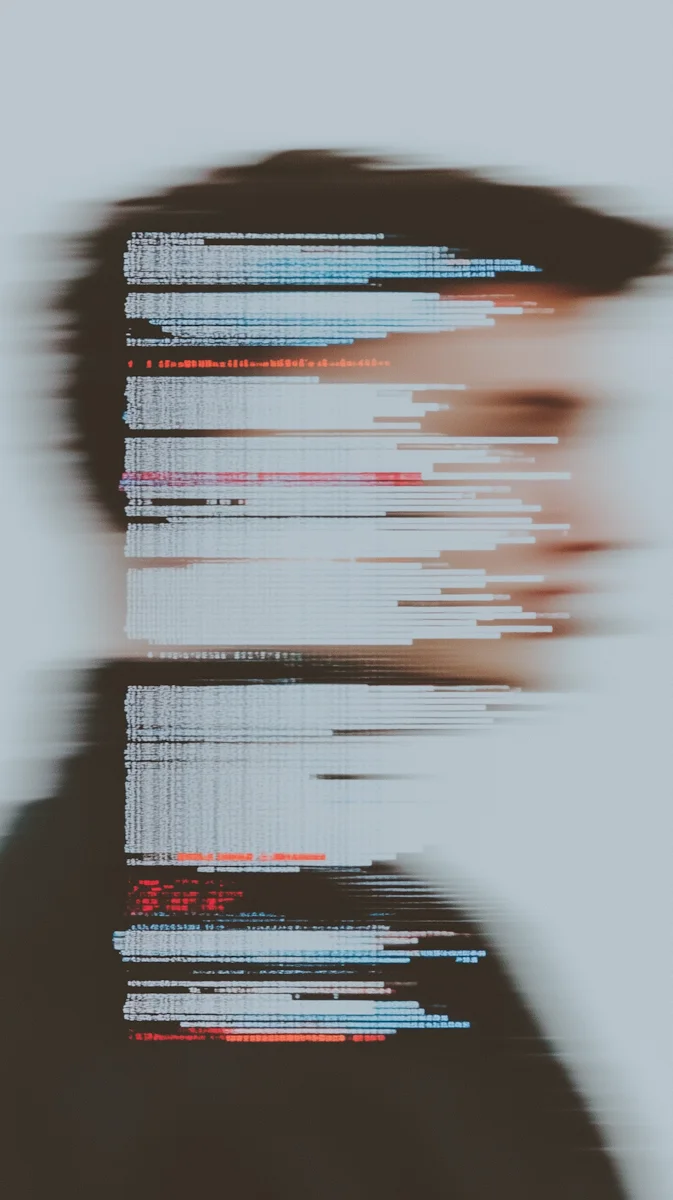 A portrait fragmented by a digital glitch